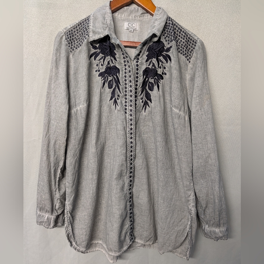 CC Gray Button Down Shirt with Black Embroidery